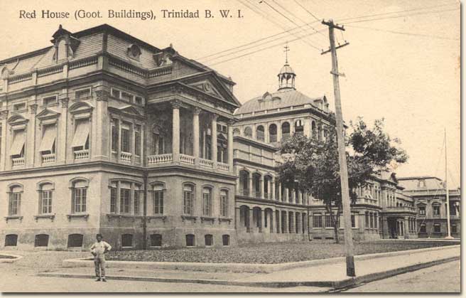 The Red House. Port of Spain: Malliard's, 1907-15. The original capital of the Spanish colony of Trinidad was the inland community of St. Joseph. In 1757 the Governor moved his residence to Port of Spain, and in 1784 the town became the official capital. During the following years, the architecture of Port of Spain assumed a French Caribbean character, with an influx of planters and enslaved Africans from French islands. In 1797 the British captured Trinidad from Spain. During the nineteenth century, Port of Spain expanded and its residents constructed many prominent buildings. This collection of postcards from the early twentieth century provides a glimpse of some of the city's public spaces and buildings. This building is located on Woodford Square, a shady gathering place in the heart of Port of Spain. The original Red House, Trinidad's principal government building, burned down in 1903 during the Water Riots, a protest against a proposed increase in water rates. The Red House shown here, a grandiose block-long building, opened in 1907. Image no. 2004-215-9