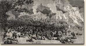 Alfred Rondier. Santa Cruz: Scenes and Incidents of the Recent Insurrection and Incediarism of the Negroes of the Island. New York: Frank Leslie, 1878. After emancipation in 1848, former slaves who worked on plantations received a fixed wage set by a Labor Act. That act was repealed in 1878, triggering a riot on St. Croix. Image no. 2004-242-3