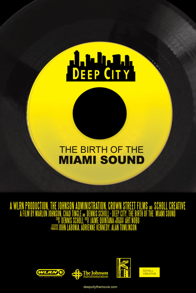 Movie Poster for Deep City: The Birth of the Miami Sound features a yellow music record on top of a black background