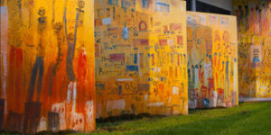 Outdoor mural in yellow with images of people in whites and reds