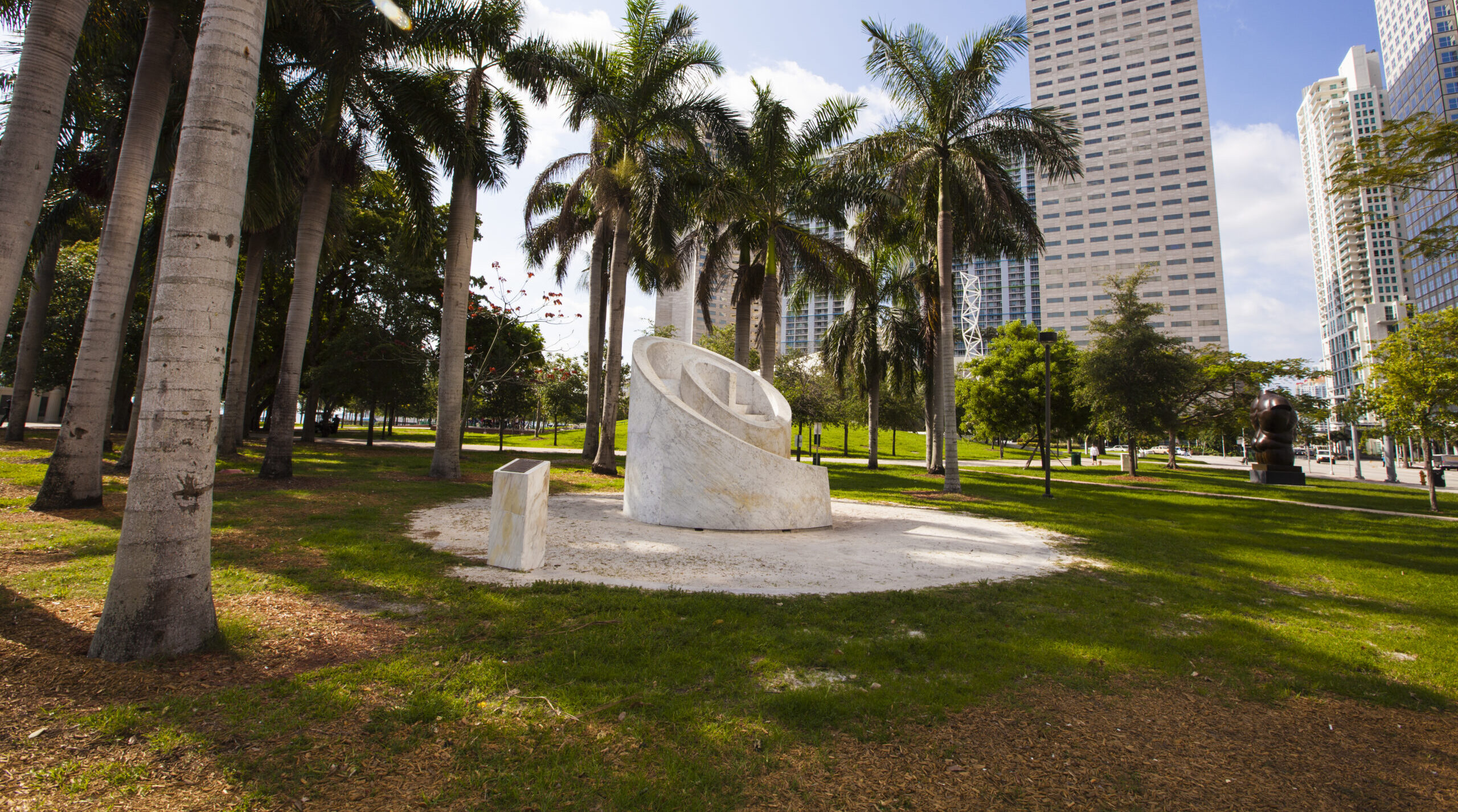 View of Isamu Noguchi's Slide Mantra, a sculpture made of white Carrara Marble located in Bayfront Park.Photo courtesy of the GMCVB – http://MiamiandBeaches.com