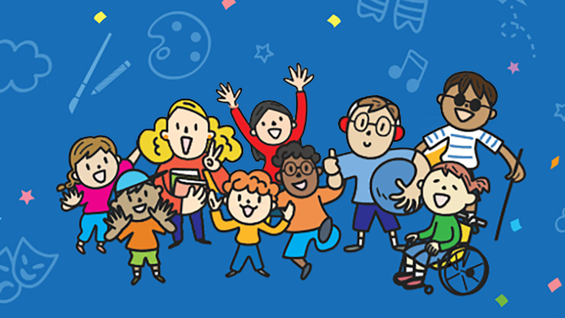 A group of cartoon children with and without disabilities smile against a blue background.