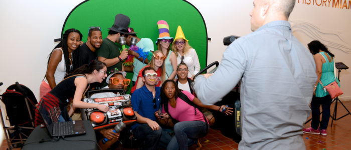 man with people in funny costumes