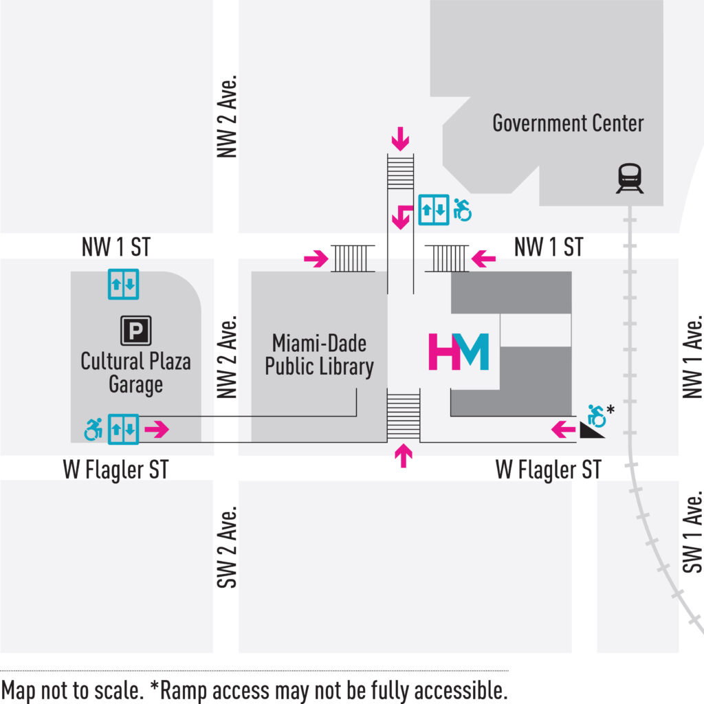 Map of Cultural Center Plaza with nearby Government Center. The Cultural Center Garage and HistoryMiami can be seen in the center of the map.
