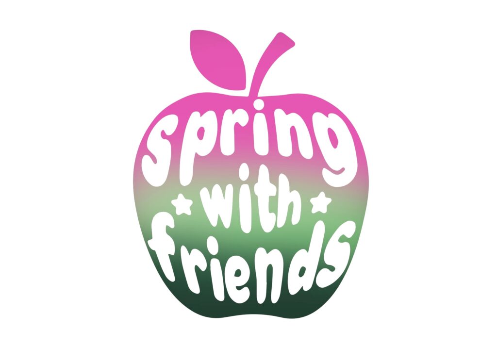 Spring with Friends logo; an ombre colored apple that flows from pink to green with the words, "spring with friends" in white lettering.